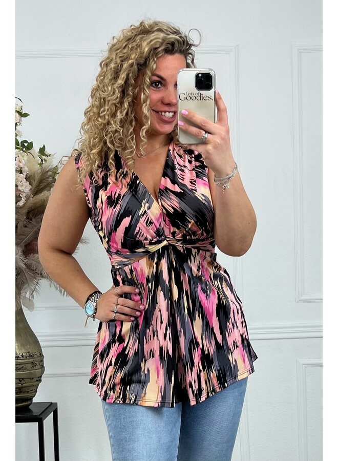 Curvy Knotted Sleeveless Striped Top - Black/Pink