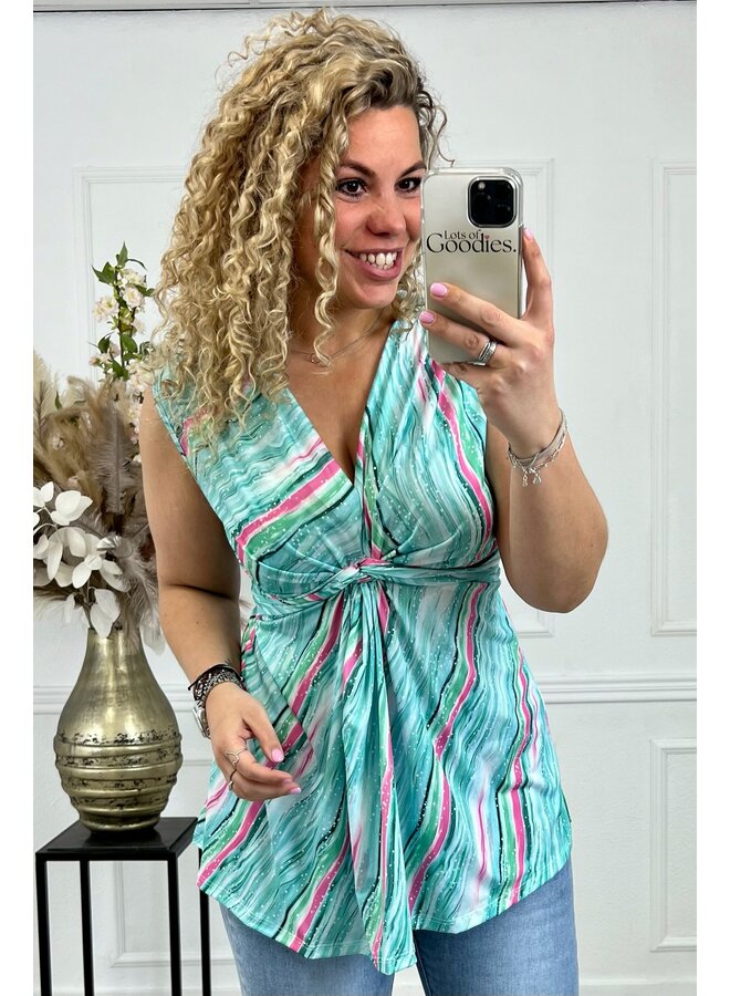 Curvy Knotted Sleeveless Top Striped - Turquoise/Pink