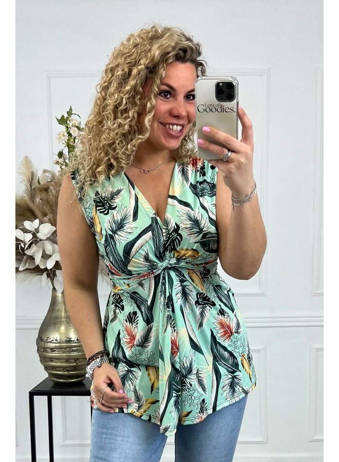 Curvy Knotted Sleeveless Jungle Top - Green/White