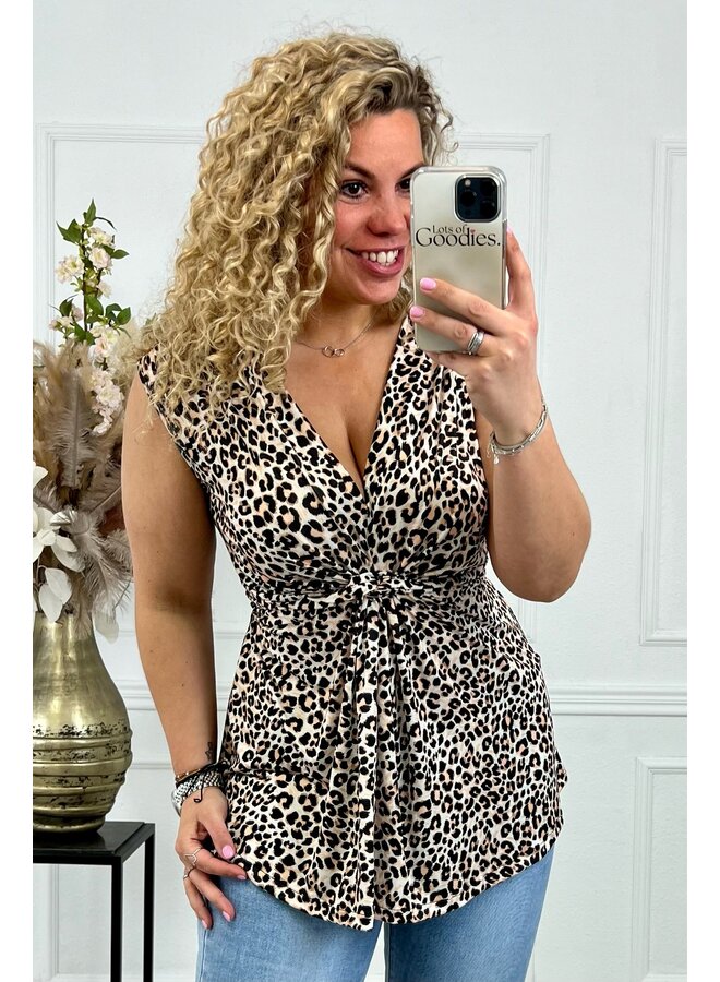 Curvy Knotted Sleeveless Leopard Top - Beige/Black