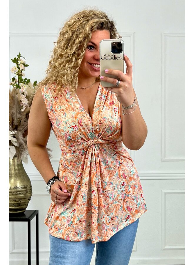 Curvy Knotted Sleeveless Top Paisley - Orange/Turquoise