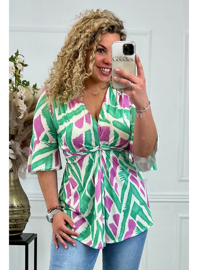 Curvy Knotted Tess Top - Green/Lila