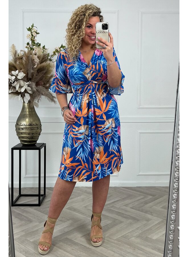 Curvy Short Knotted Dress Palm Leaves - Blue/Pink/Orange PRE-ORDER