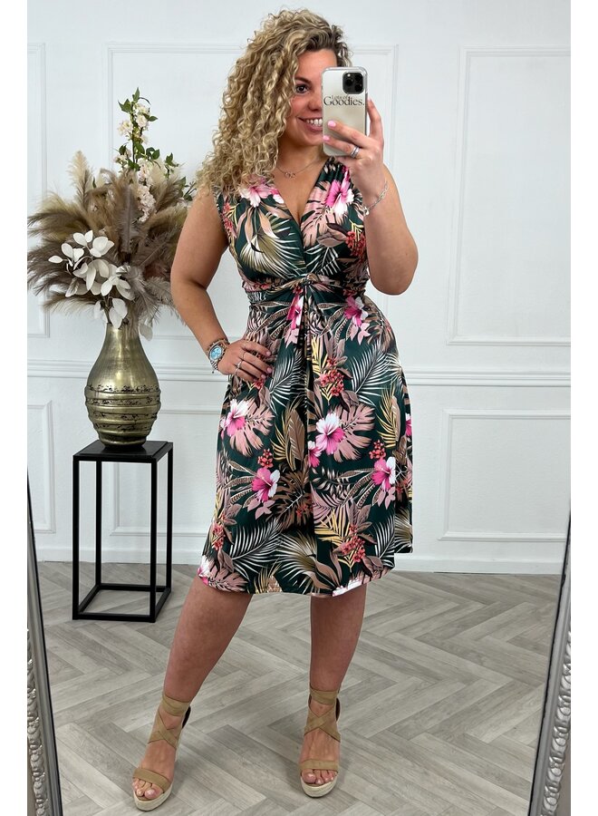 Curvy Knotted Sleeveless Tropical Leaves Dress - Green/Pink PRE-ORDER
