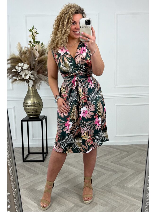 Curvy Knotted Sleeveless Tropical Leaves Dress - Green/Pink