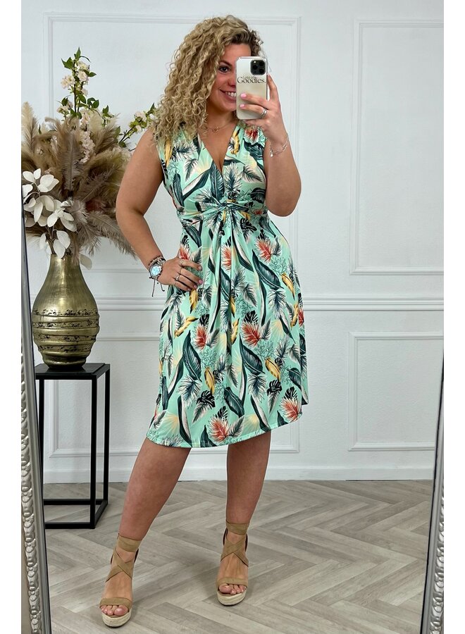 Curvy Knotted Sleeveless Jungle Dress - Green/White PRE-ORDER
