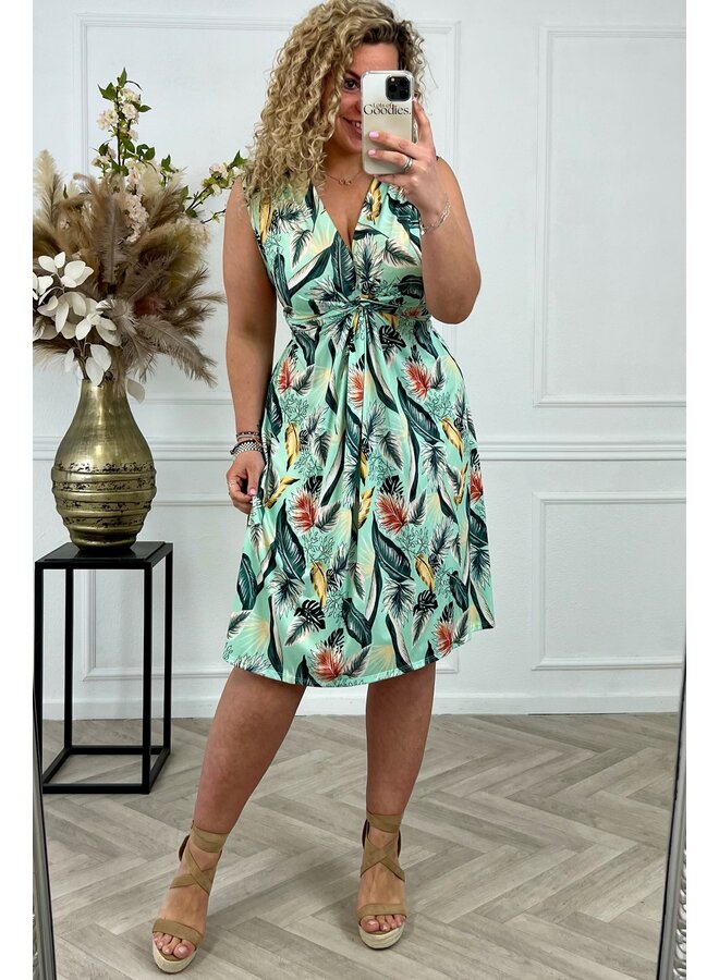 Curvy Knotted Sleeveless Jungle Dress - Green/White PRE-ORDER