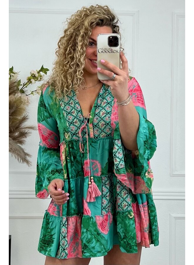 Short Loua Dress - Green/Pink