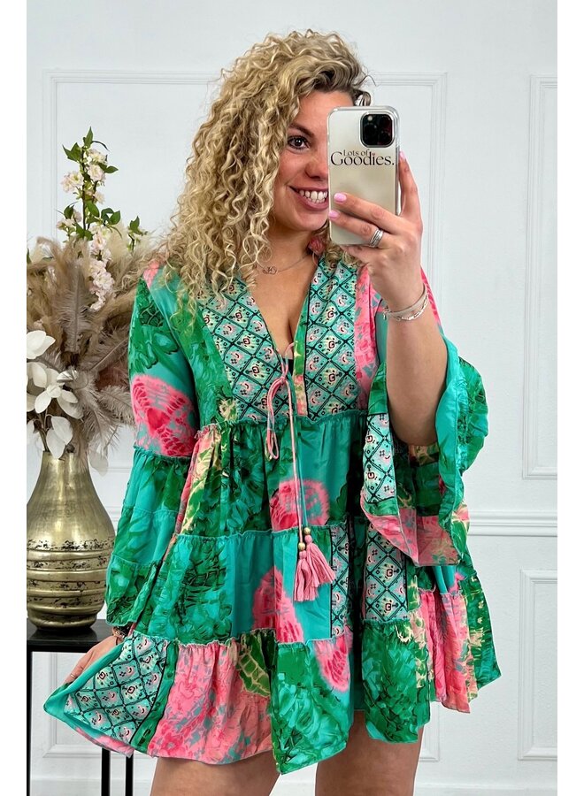 Short Loua Dress - Green/Pink