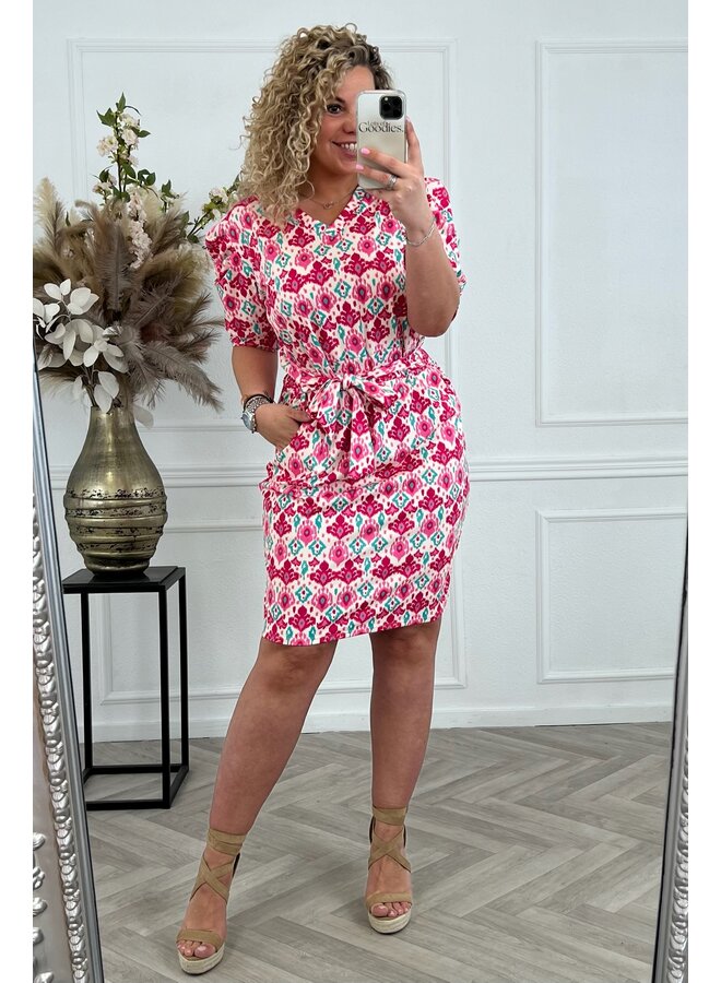 Puffy Travel Dress - White/Fuchsia/Turquoise