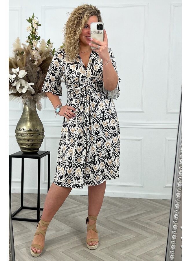 Curvy Short Knotted Amber Dress - Black/Beige PRE-ORDER