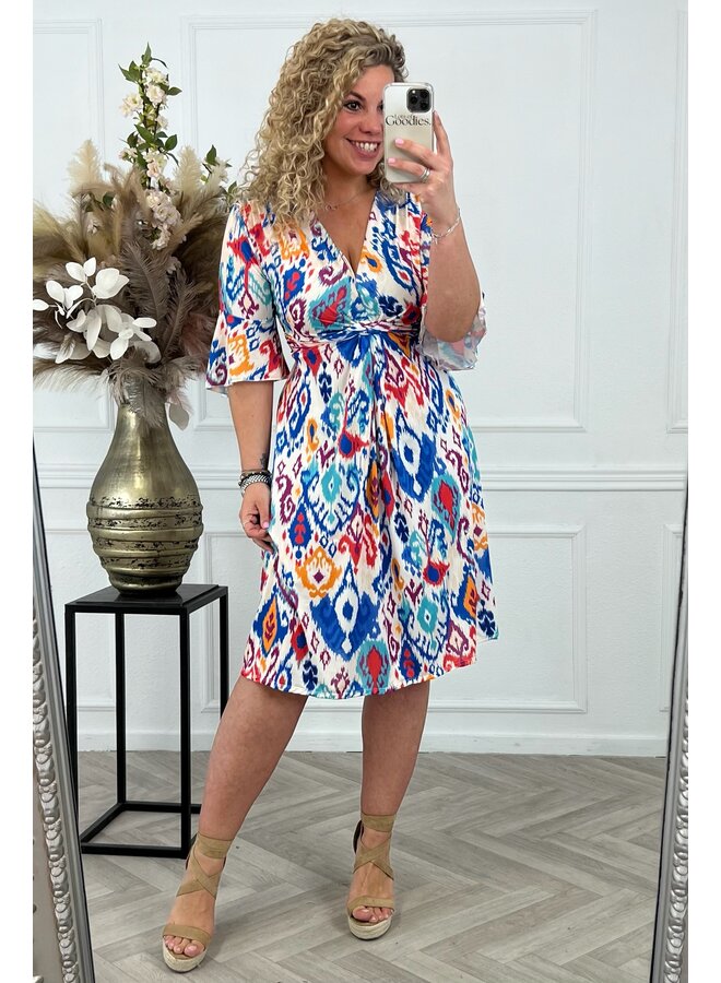 Curvy Short Knotted Naomi Dress - Blue/Red/Yellow
