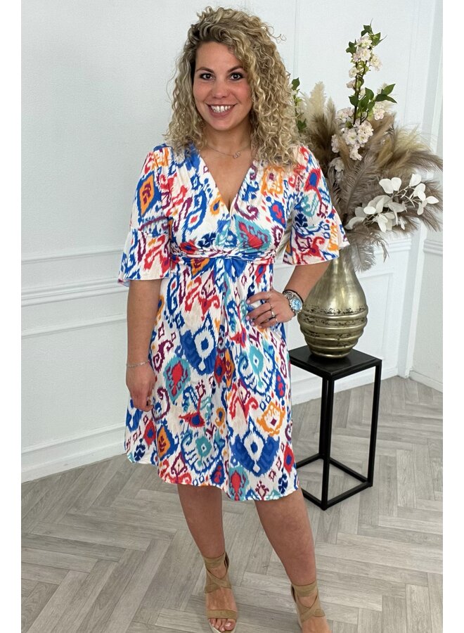 Curvy Short Knotted Naomi Dress -  Blue/Red/Yellow PRE-ORDER