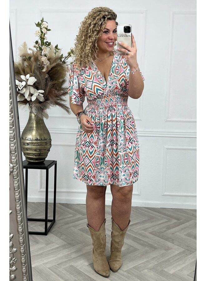 Curvy Short Emily Taille Dress -  White/Turquoise/Pink