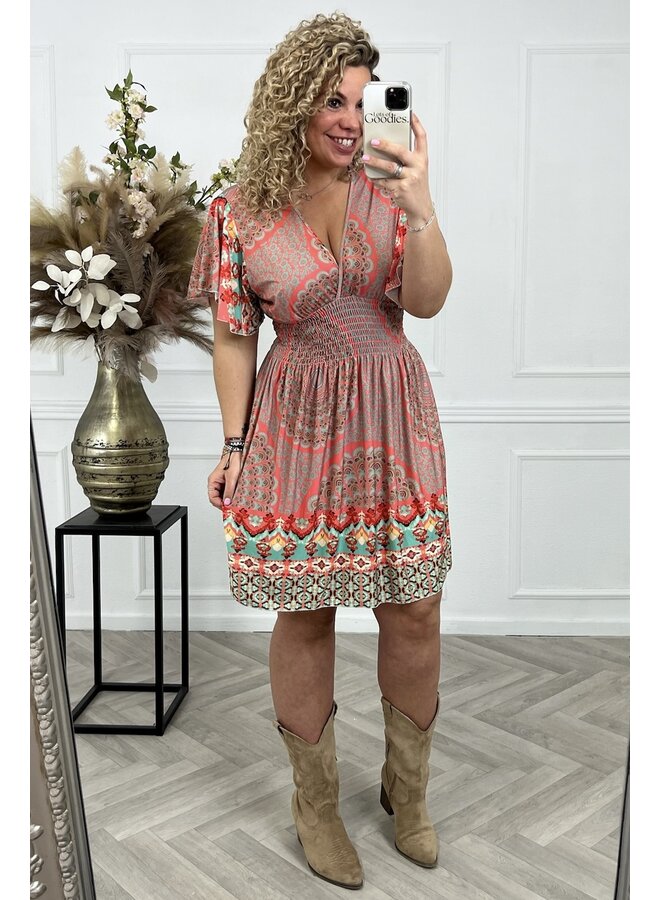 Curvy Short Menda Taille Dress - Coral/Turquoise