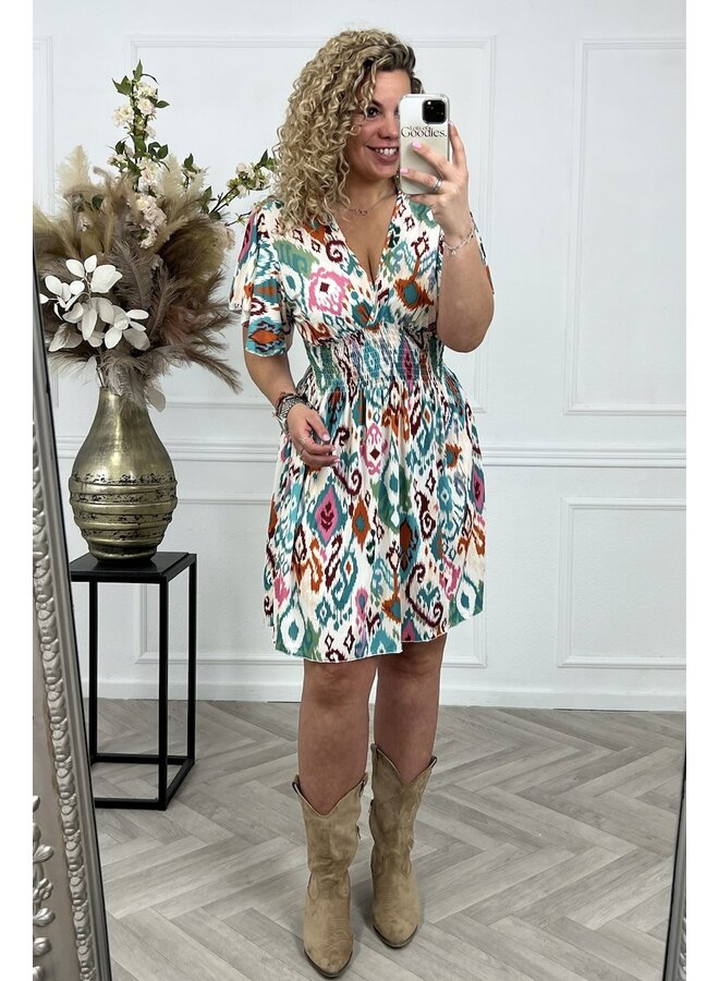 Curvy Short Naomi Taille Dress - White/Green/Turquoise