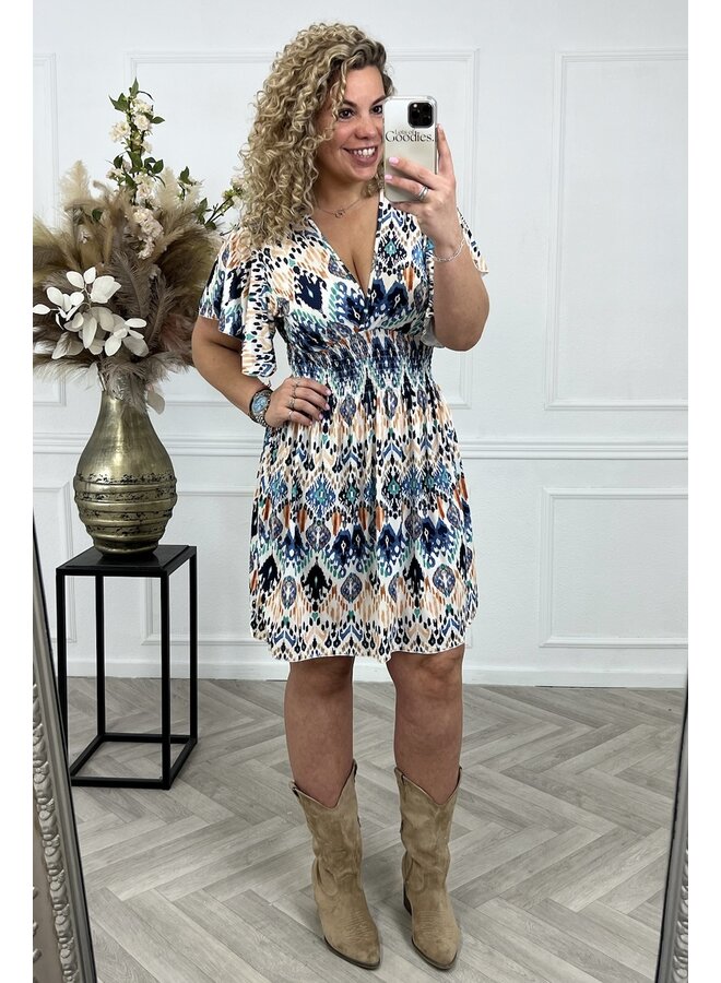 Curvy Short Didi Taille Dress - White/Navy/Turquoise