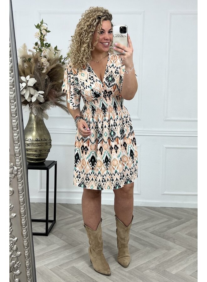 Curvy Short Didi Taille Dress - White/Brown/Turquoise