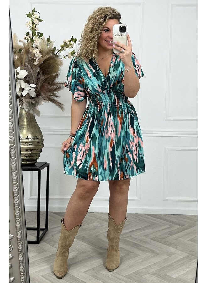 Curvy Short Striped Taille Dress - Green/Light Blue