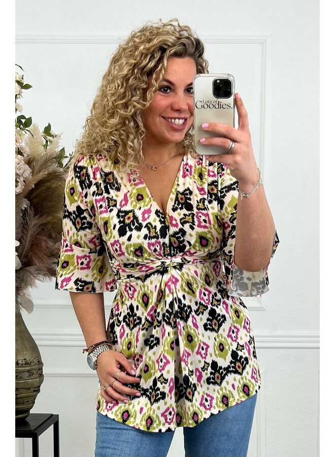 Curvy Short Knotted Leopard Leaves Dress - Black/Yellow /Pink
