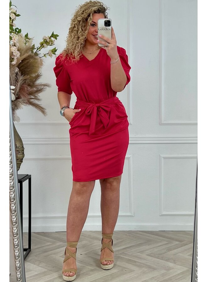 Puffy Sleeve Travel Dress - Coral Red