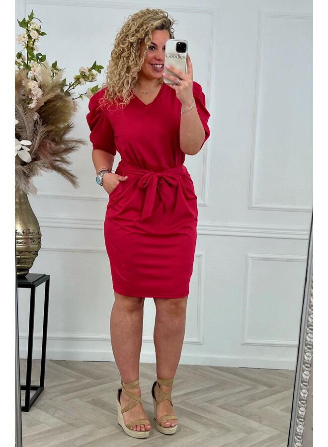 Puffy Sleeve Travel Dress - Coral Red