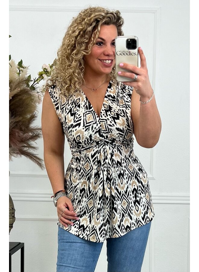 Curvy Knotted Sleeveless Amber Top - Black/Beige