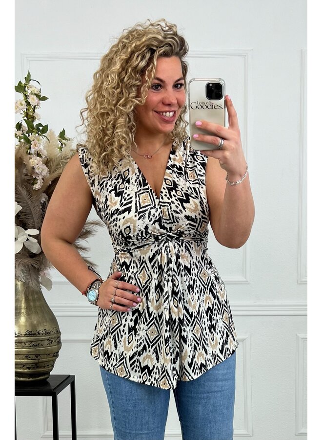 Curvy Knotted Sleeveless Amber Top - Black/Beige