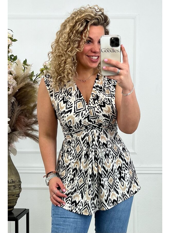 Curvy Knotted Sleeveless Amber Top - Black/Beige