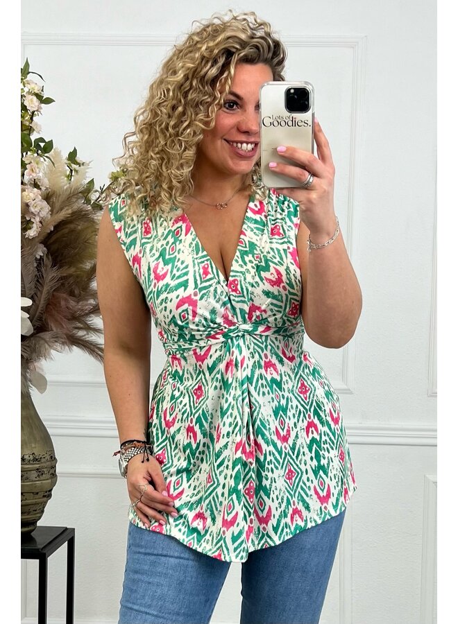 Curvy Knotted Sleeveless Amber Top - Green/Pink