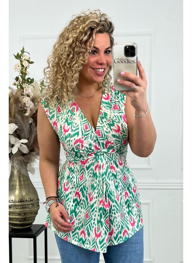 Curvy Knotted Sleeveless Amber Top - Green/Pink