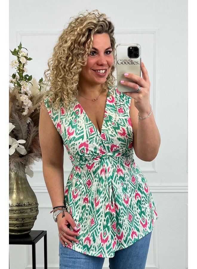 Curvy Knotted Sleeveless Amber Top - Green/Pink