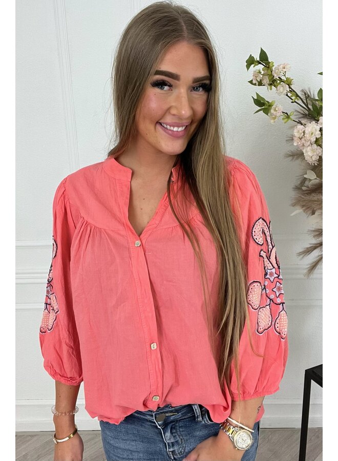 Scarlett Cotton Flower Blouse - Coral