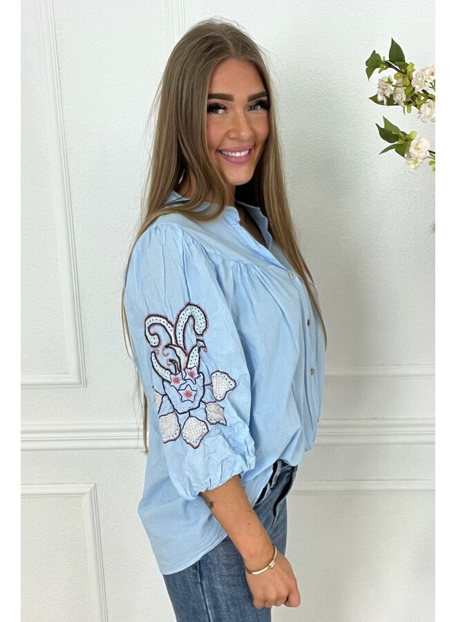 Scarlett Cotton Flower Blouse - Light Blue