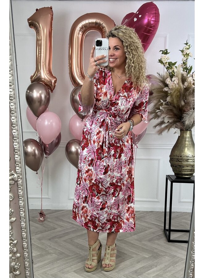 Curvy Knotted Flower Dress - Pink/Red/White