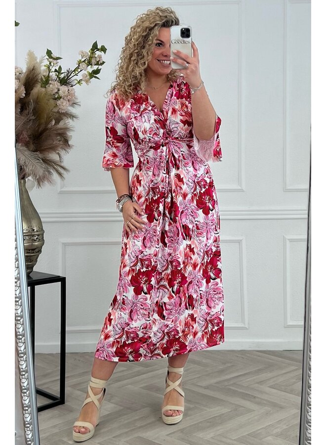 Curvy Knotted Flower Dress - Pink/Red/White