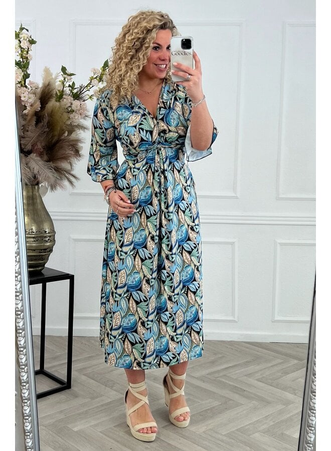 Curvy Knotted Palm Leaves Dress - Blue