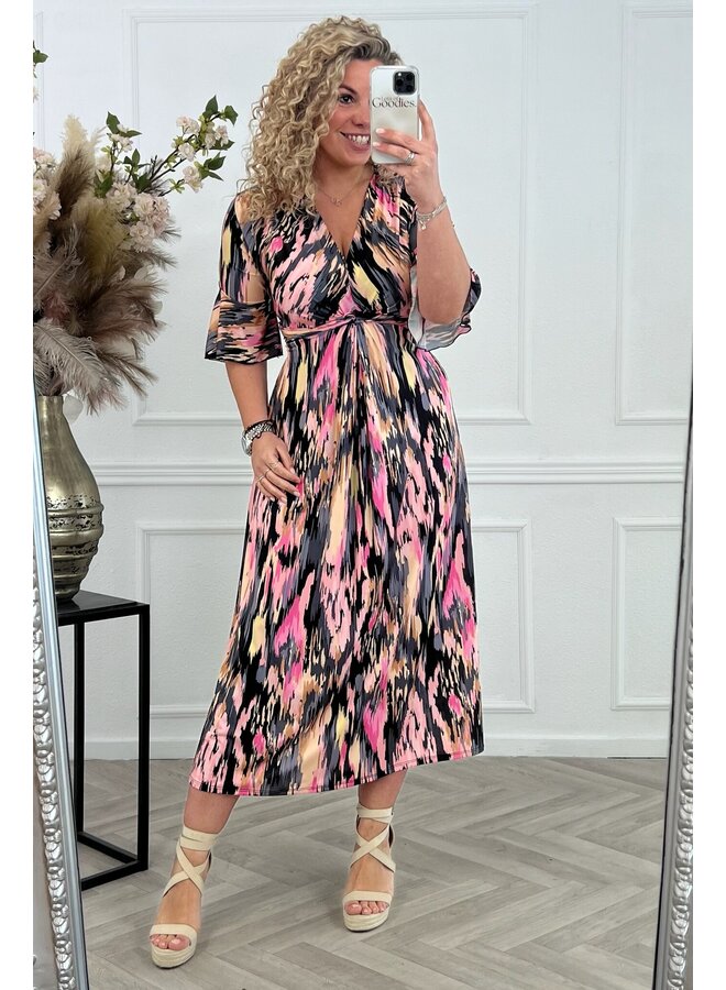 Curvy Knotted Striped Dress - Black/Pink