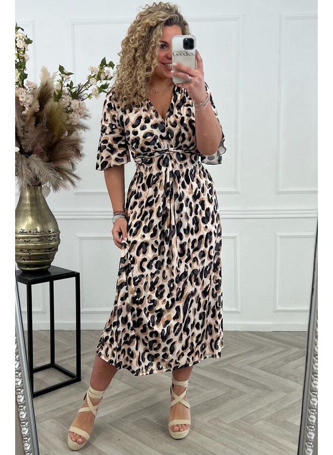 Curvy Knotted Big Leopard Dress - Black/Beige