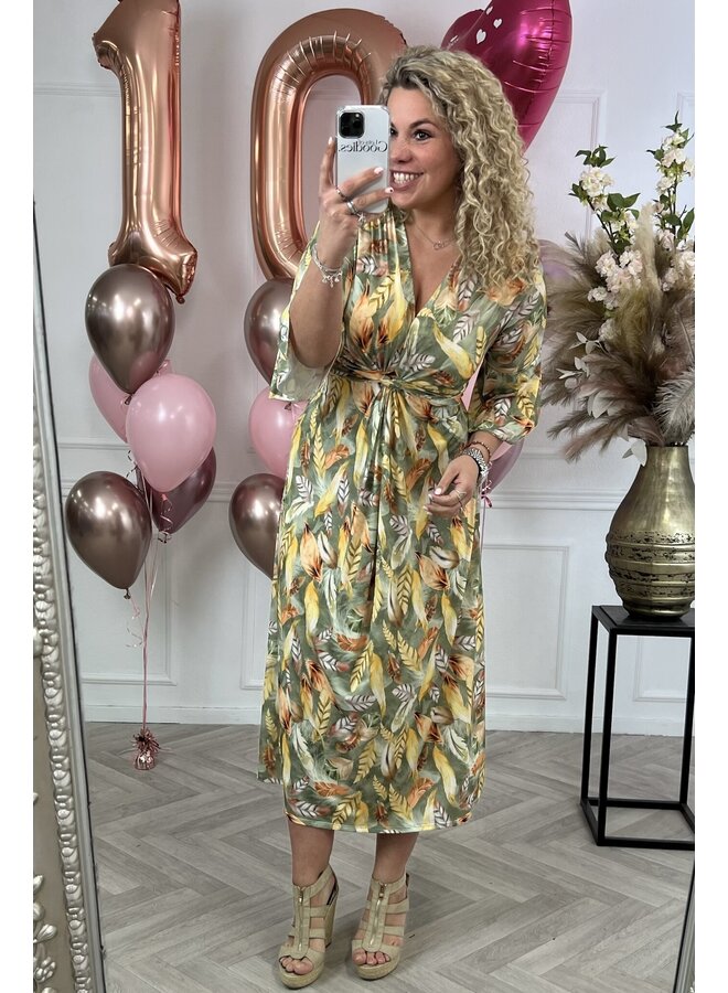 Curvy Knotted Feather Dress - Armygreen/Yellow