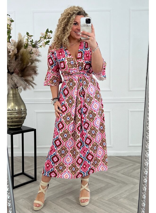Curvy Knotted Spring Dress - Pink/Brown/Blue