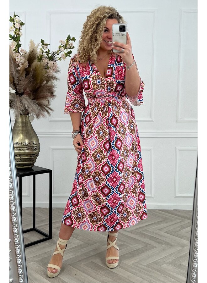 Curvy Knotted Spring Dress - Pink/Brown/Blue