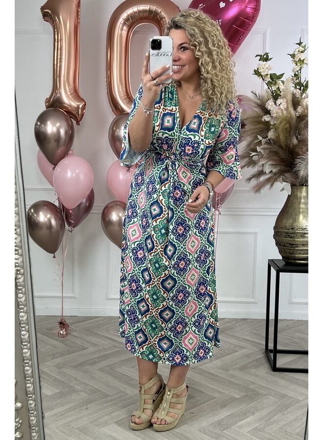 Curvy Knotted Spring Dress - Blue/Pink/Green