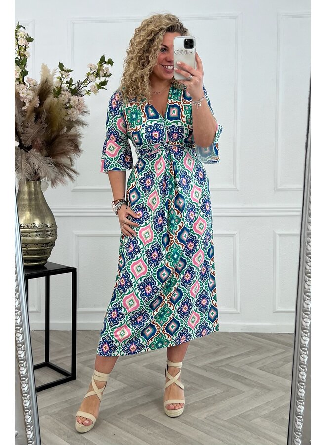 Curvy Knotted Spring Dress - Blue/Pink/Green