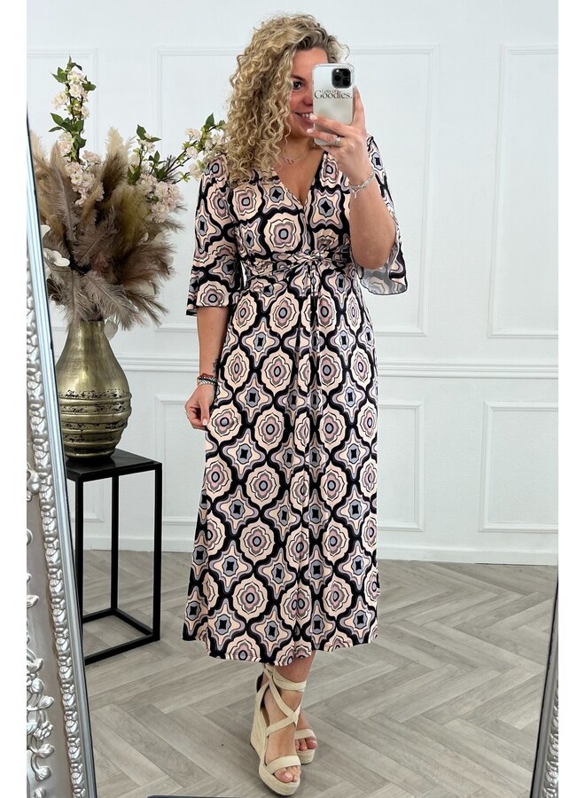 Curvy Knotted Retro Dress - Black/Taupe/Blue