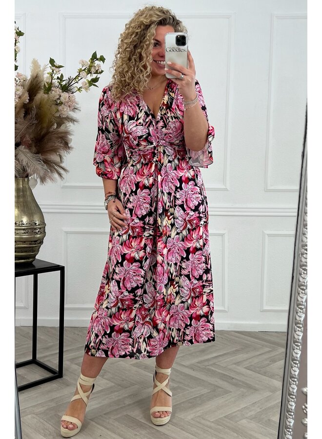 Curvy Knotted Flower Dress - Pink/Red/Black