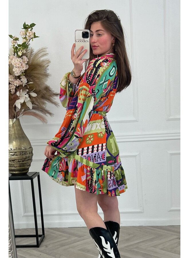 Balloon Sleeve Strik Dress - Multicolor