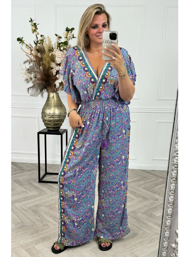 Paisley Print Jumpsuit - Turquoise/Purple