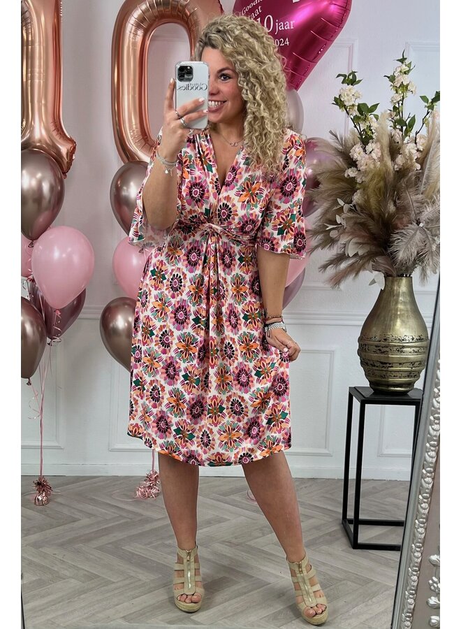 Curvy Short Knotted Flower Dress - Oker/Pink/Black