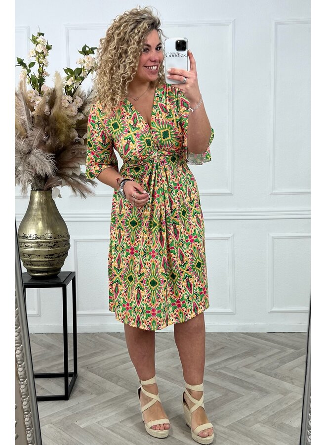 Curvy Short Knotted Aztec Dress - Green/Yellow